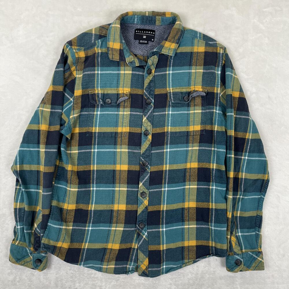 Billabong Shirt Mens Medium Green Plaid Flannel Long Sleeve Button Front Y2K